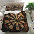 Dart board duvet cover and matching pillowcases creating a dramatic game room bedroom decor look