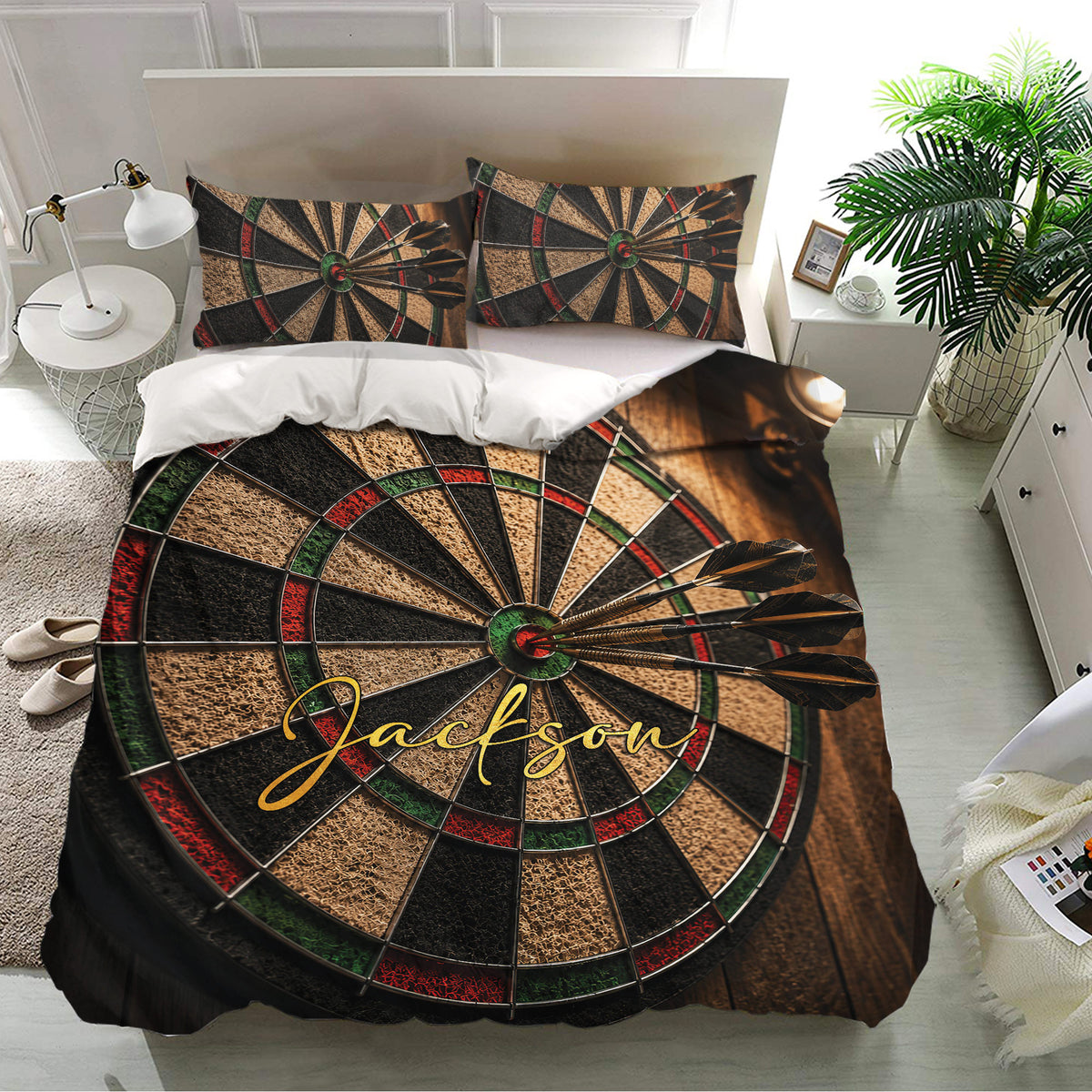 Dart board duvet cover and matching pillowcases creating a dramatic game room bedroom decor look