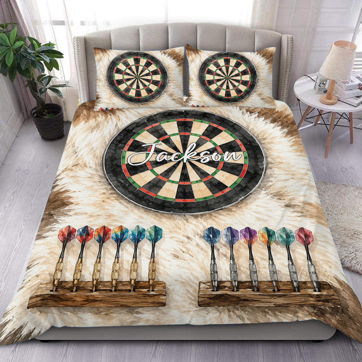 Dart board duvet cover set displayed on a bed with colorful darts and rustic wood-inspired artwork