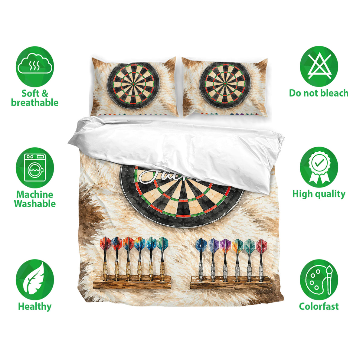 Dart board bedding set with matching pillowcases, colorful dart details, and soft neutral artwork