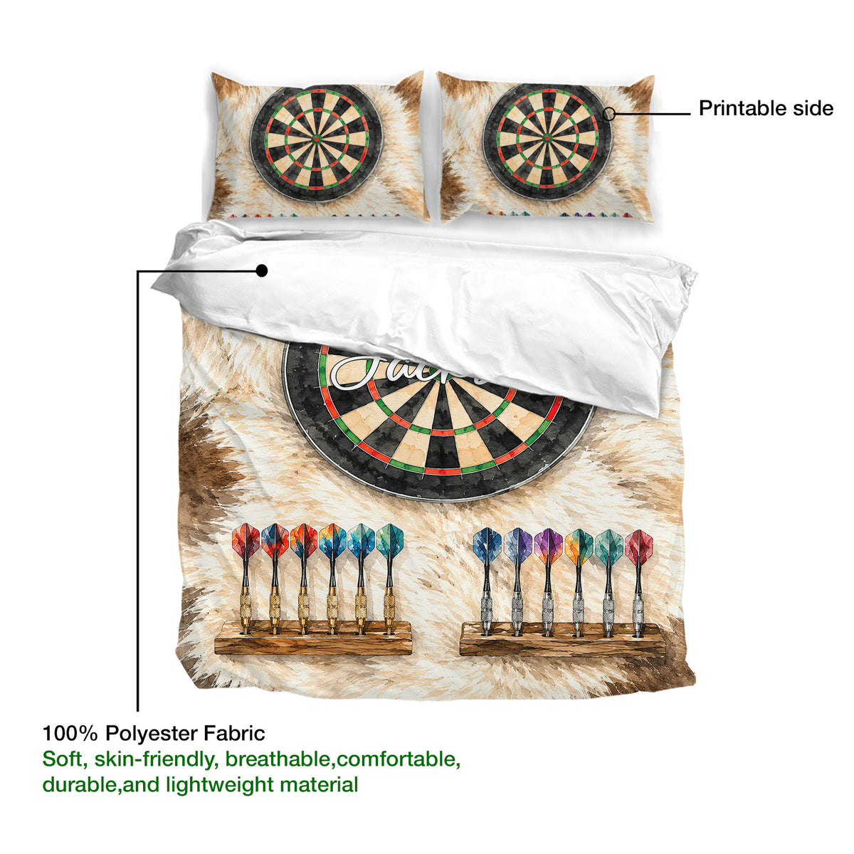 Dart board duvet cover showing printable artwork, breathable fabric, and colorful dart designs