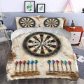 Dart board bedding styled in a bedroom with a bold target design and colorful dart artwork