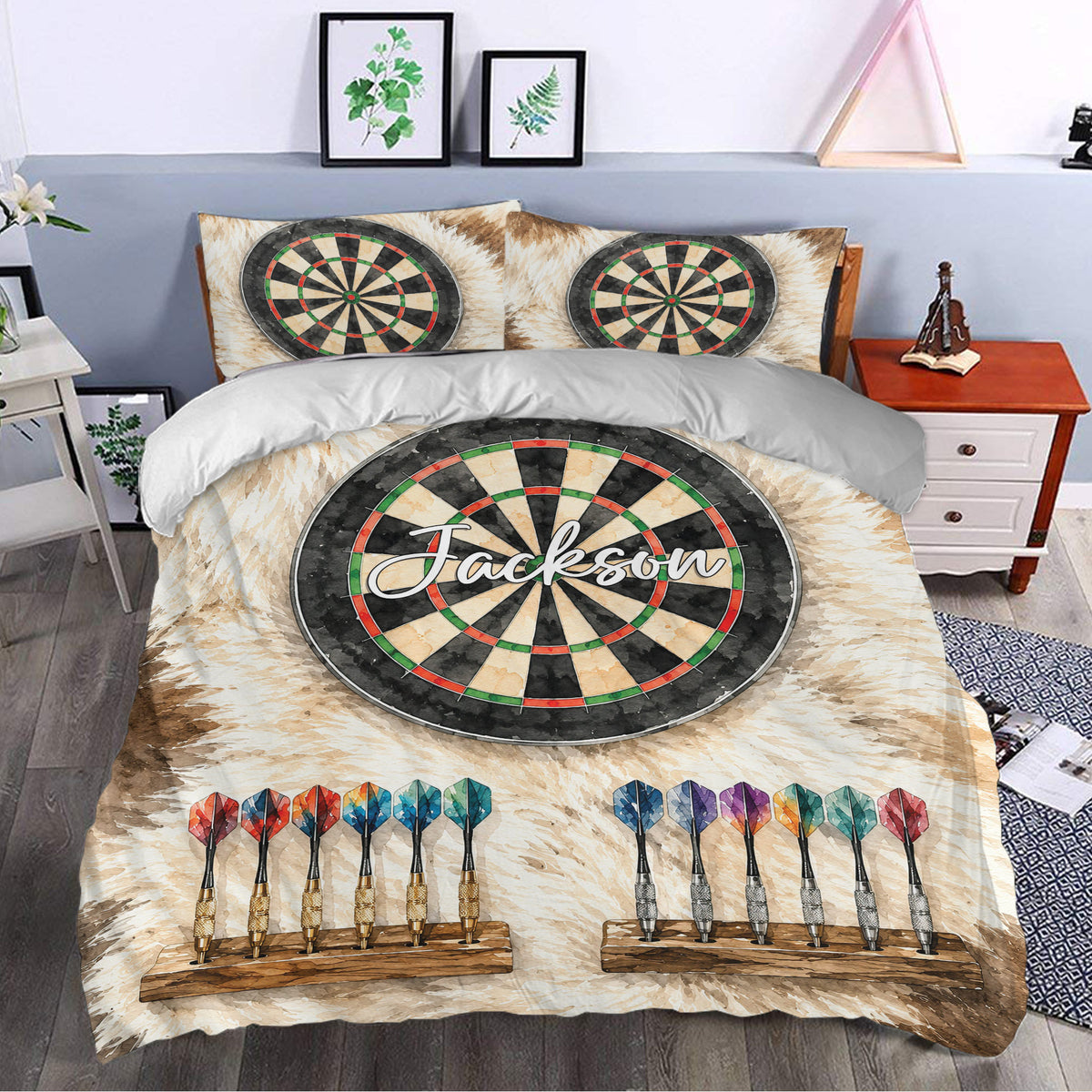Dart board bedding styled in a bedroom with a bold target design and colorful dart artwork