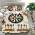 Dart board duvet cover set in a bright bedroom featuring target graphics and rows of colorful darts