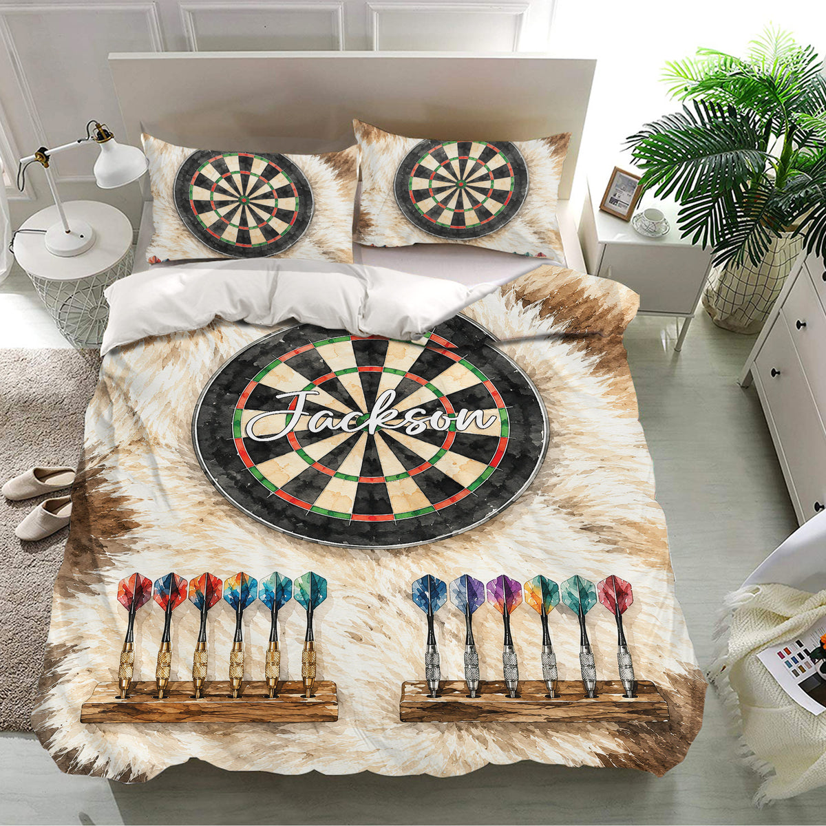 Dart board duvet cover set in a bright bedroom featuring target graphics and rows of colorful darts