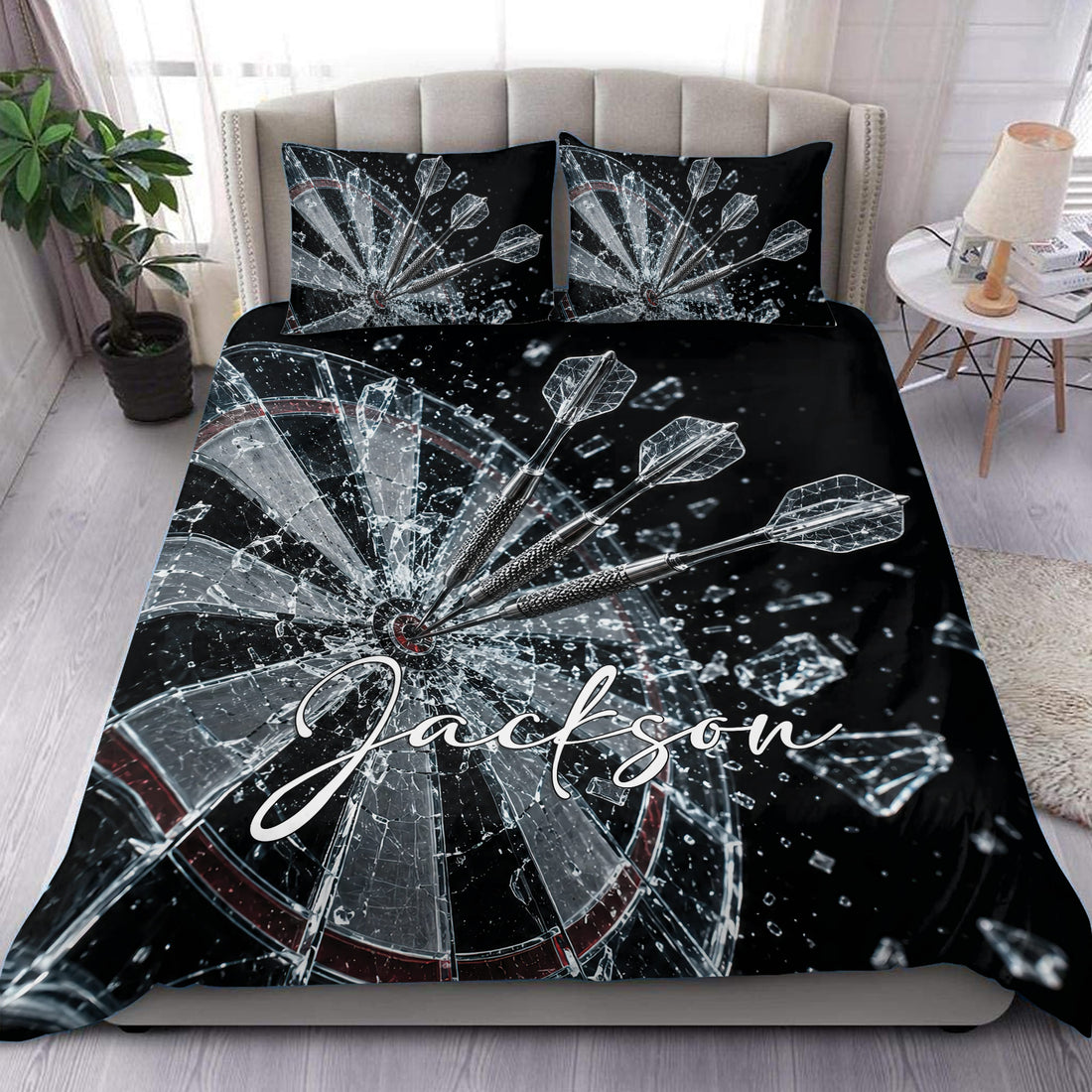 Black dart board duvet cover set with shattered glass effect and dart artwork styled in a modern bedroom