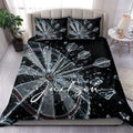 Black dart board duvet cover set with shattered glass effect and dart artwork styled in a modern bedroom
