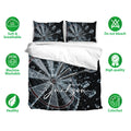 Dart board bedding set displayed with matching pillowcases, bold black artwork, and a dramatic shattered glass design