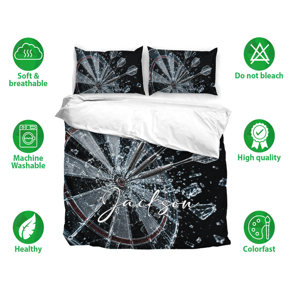 Dart board bedding set displayed with matching pillowcases, bold black artwork, and a dramatic shattered glass design