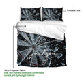 Dart board duvet cover set detail showing printable dart artwork and soft black, silver, and red styling