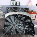 Dart board duvet cover styled in a bedroom with dramatic dart imagery, shattered glass details, and dark modern decor