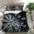 Dart board bedding set presented in a bright bedroom with matching pillows and striking black dart artwork