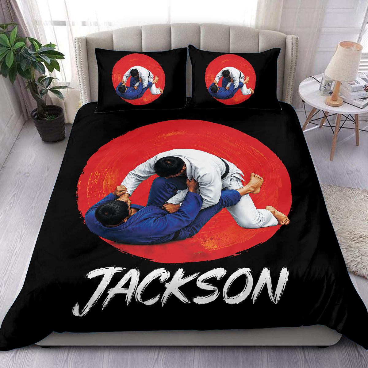 Jiu jitsu duvet cover set with grappling artwork in red, blue, white, and black bedroom bedding