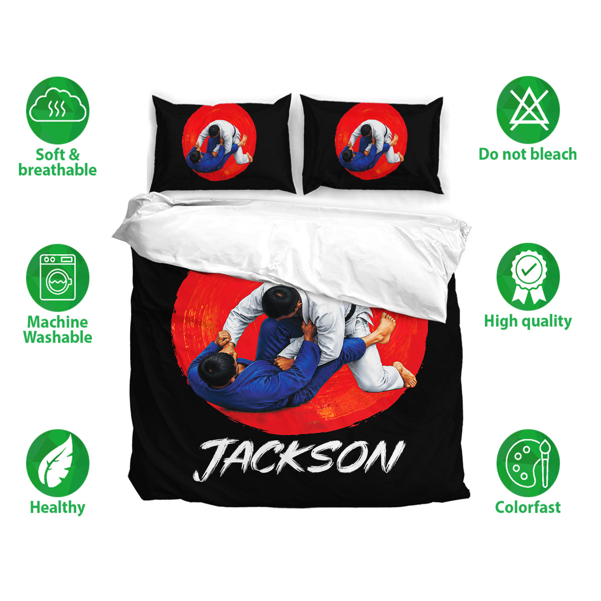 Jiu jitsu duvet cover bedding set displayed with grappling artwork and soft breathable bedding callouts