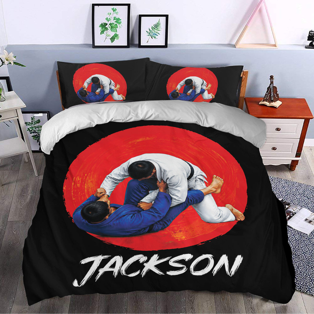 Jiu jitsu duvet cover set styled in a bedroom with bold red and black grappling artwork