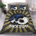 Jiu jitsu duvet cover set displayed on a bed with grappling artwork, black and gold rays, and matching pillowcases
