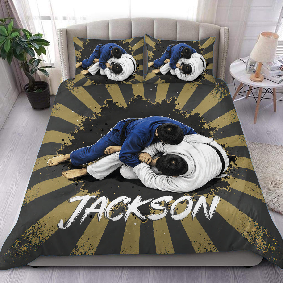 Jiu jitsu duvet cover set displayed on a bed with grappling artwork, black and gold rays, and matching pillowcases