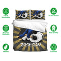 Jiu jitsu bedding set with grappling artwork, black and gold design, breathable fabric, and matching pillowcases