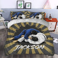 Jiu jitsu duvet cover styled in a bedroom with bold black and gold rays and dramatic grappling artwork