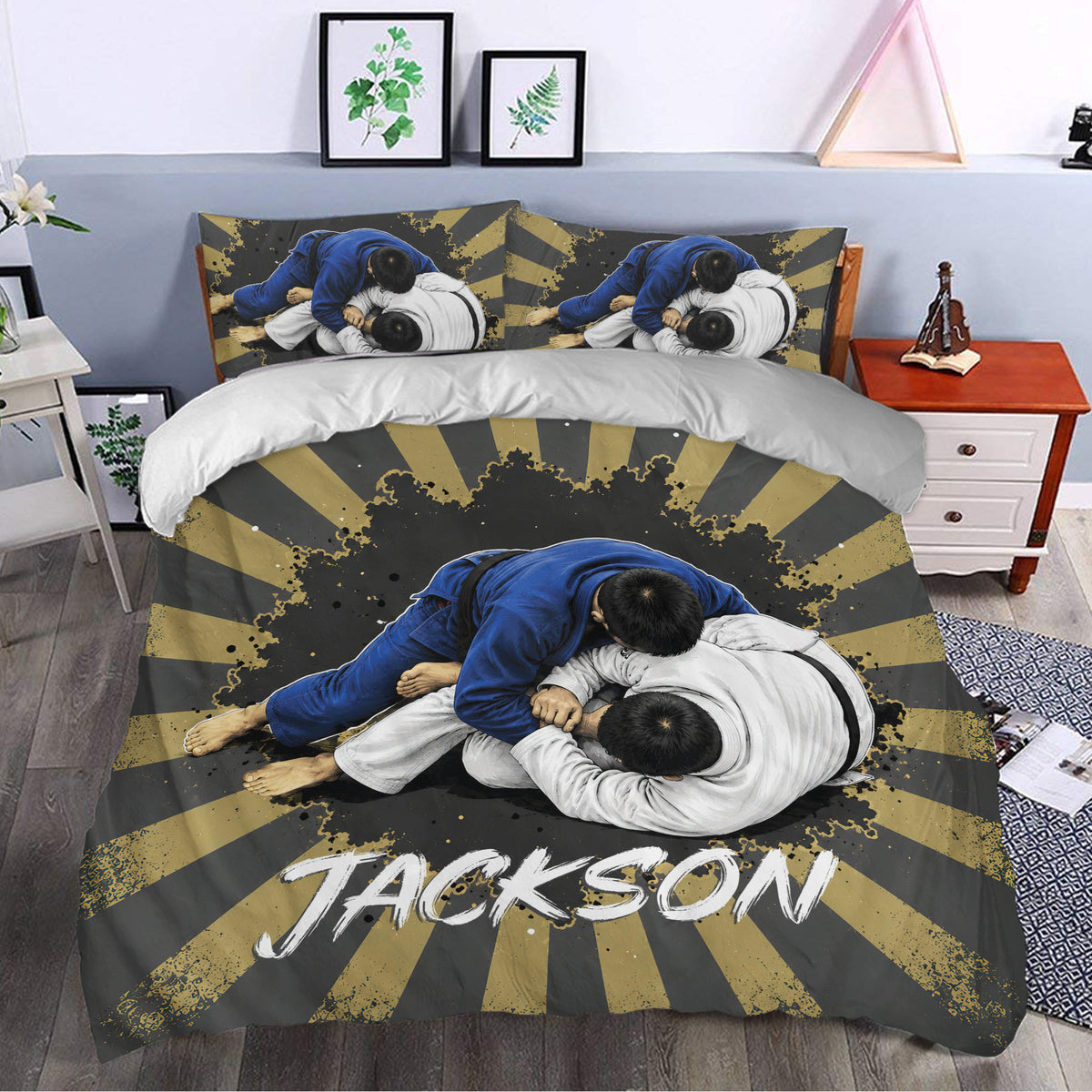 Jiu jitsu duvet cover styled in a bedroom with bold black and gold rays and dramatic grappling artwork