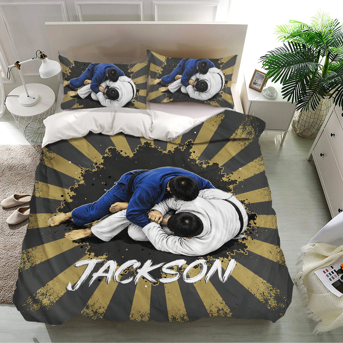 Jiu jitsu bedding set in a modern bedroom featuring matching pillowcases and bold black, gold, blue, and white artwork