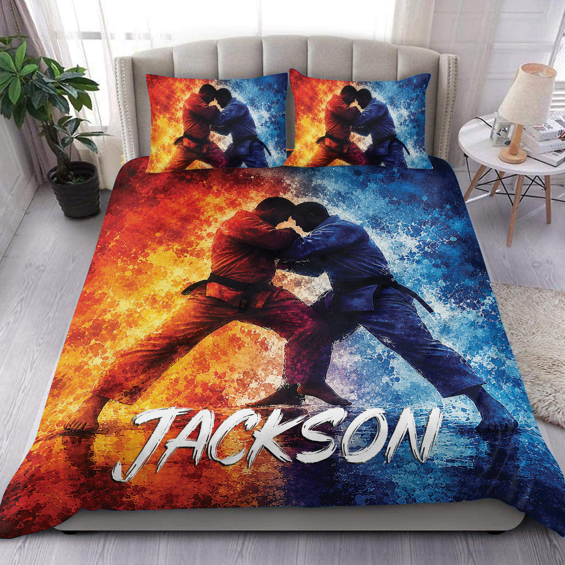 Jiu jitsu duvet cover bedding set displayed on a bed with red and blue grapplers