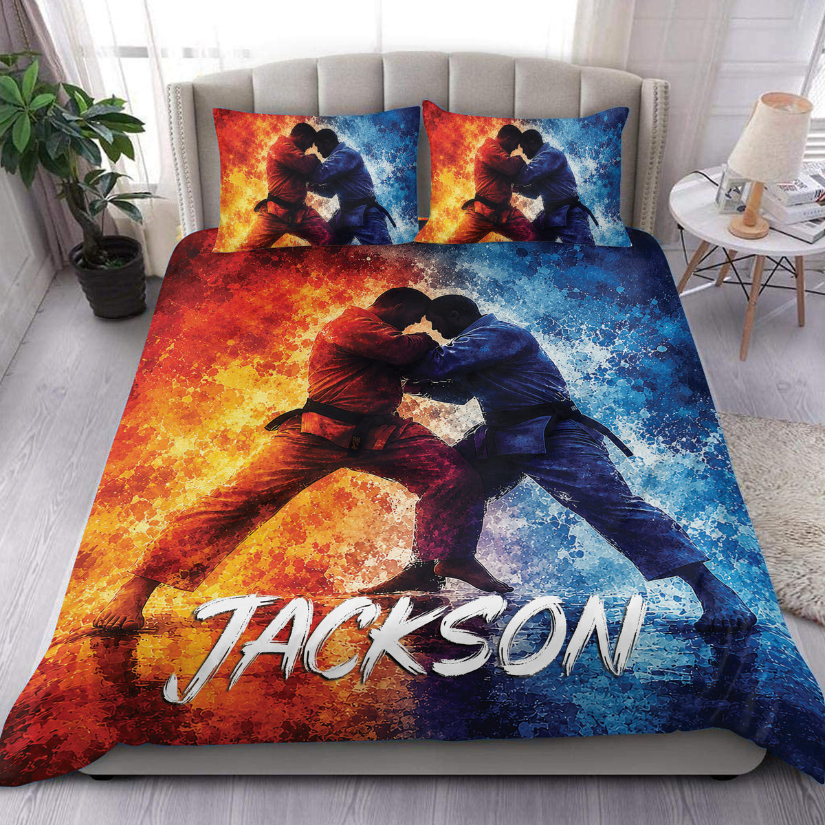 Jiu jitsu duvet cover bedding set displayed on a bed with red and blue grapplers