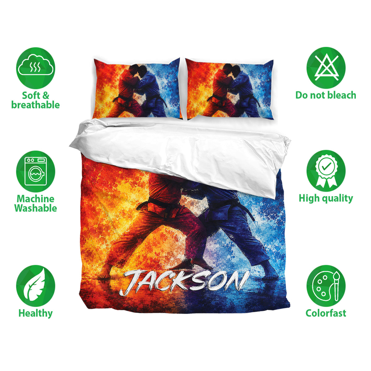 Jiu jitsu bedding set showing a red and blue grappling design with care feature icons