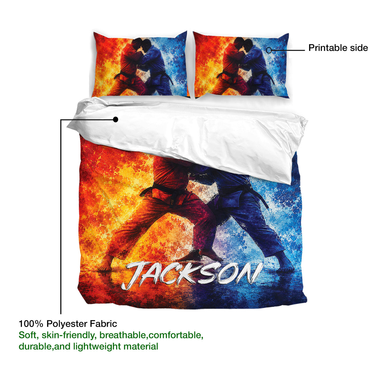 Jiu jitsu duvet cover with red and blue grapplers, printable side, and fabric detail