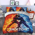 Jiu jitsu duvet cover bedding set styled in a bedroom with vivid red and blue artwork
