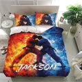 Jiu jitsu bedding set displayed in a bright bedroom with dramatic red and blue grappler art
