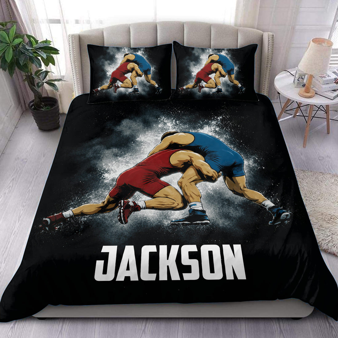 Black wrestling duvet cover set displayed on a bed with two wrestlers in red and blue gear