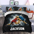 Wrestling duvet cover styled in a modern bedroom with bold black, red, blue, and white artwork