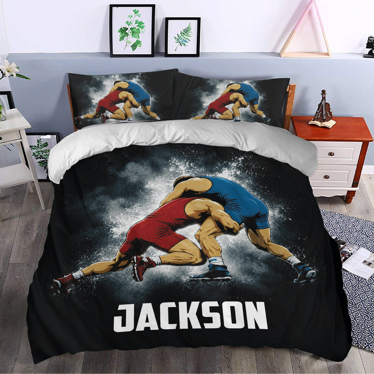 Wrestling duvet cover styled in a modern bedroom with bold black, red, blue, and white artwork