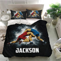 Wrestling bedding set displayed in a bright bedroom with illustrated grapplers across the duvet cover