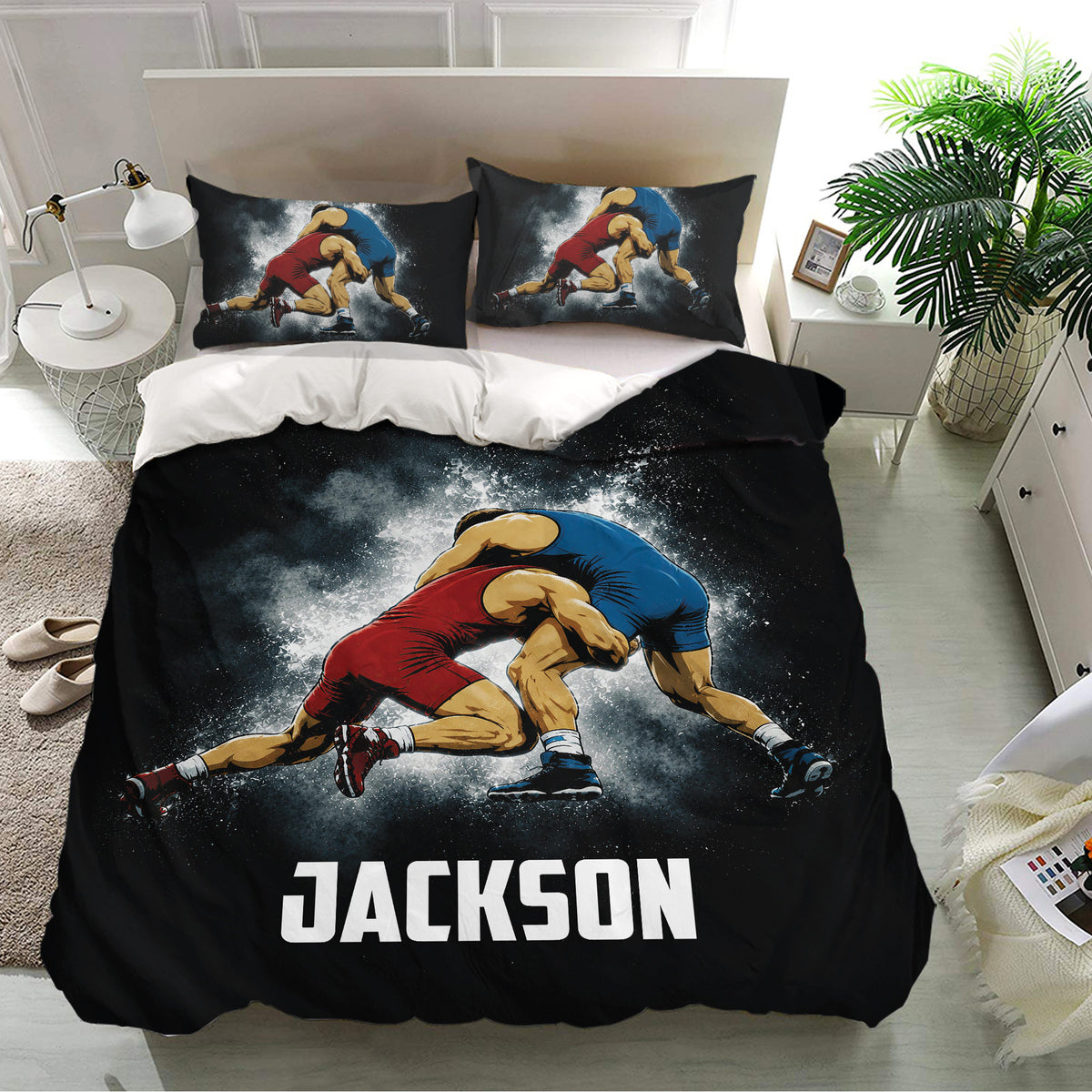 Wrestling bedding set displayed in a bright bedroom with illustrated grapplers across the duvet cover