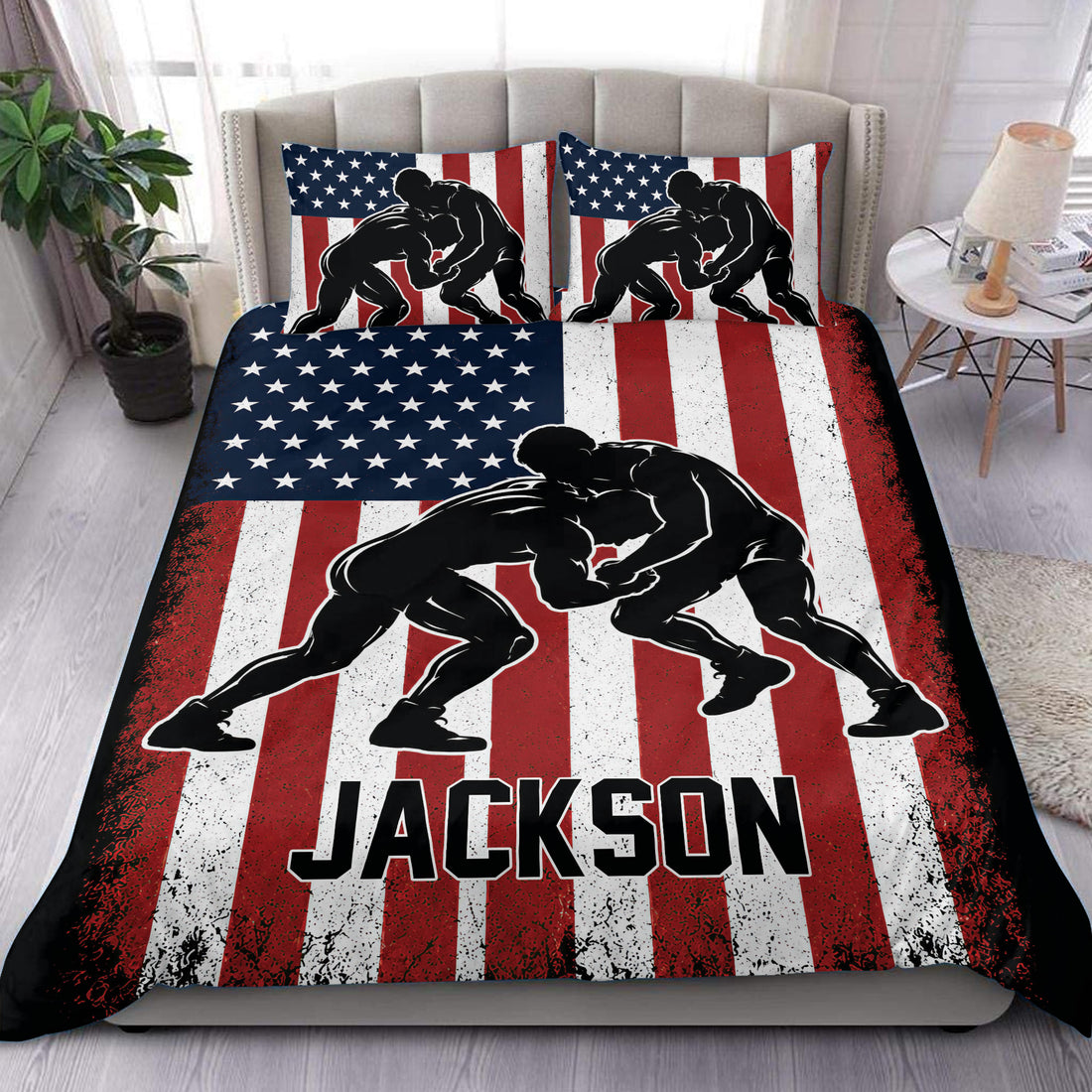Wrestling duvet cover set with grappling silhouettes and a distressed red, white, and blue flag design
