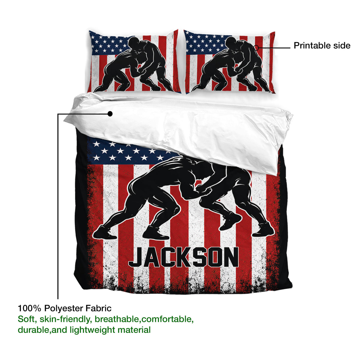 Wrestling duvet cover showing grappling silhouettes, printable artwork, and soft polyester fabric