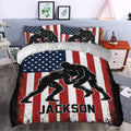 Wrestling duvet cover set styled in a bedroom with bold patriotic stripes and grappling artwork
