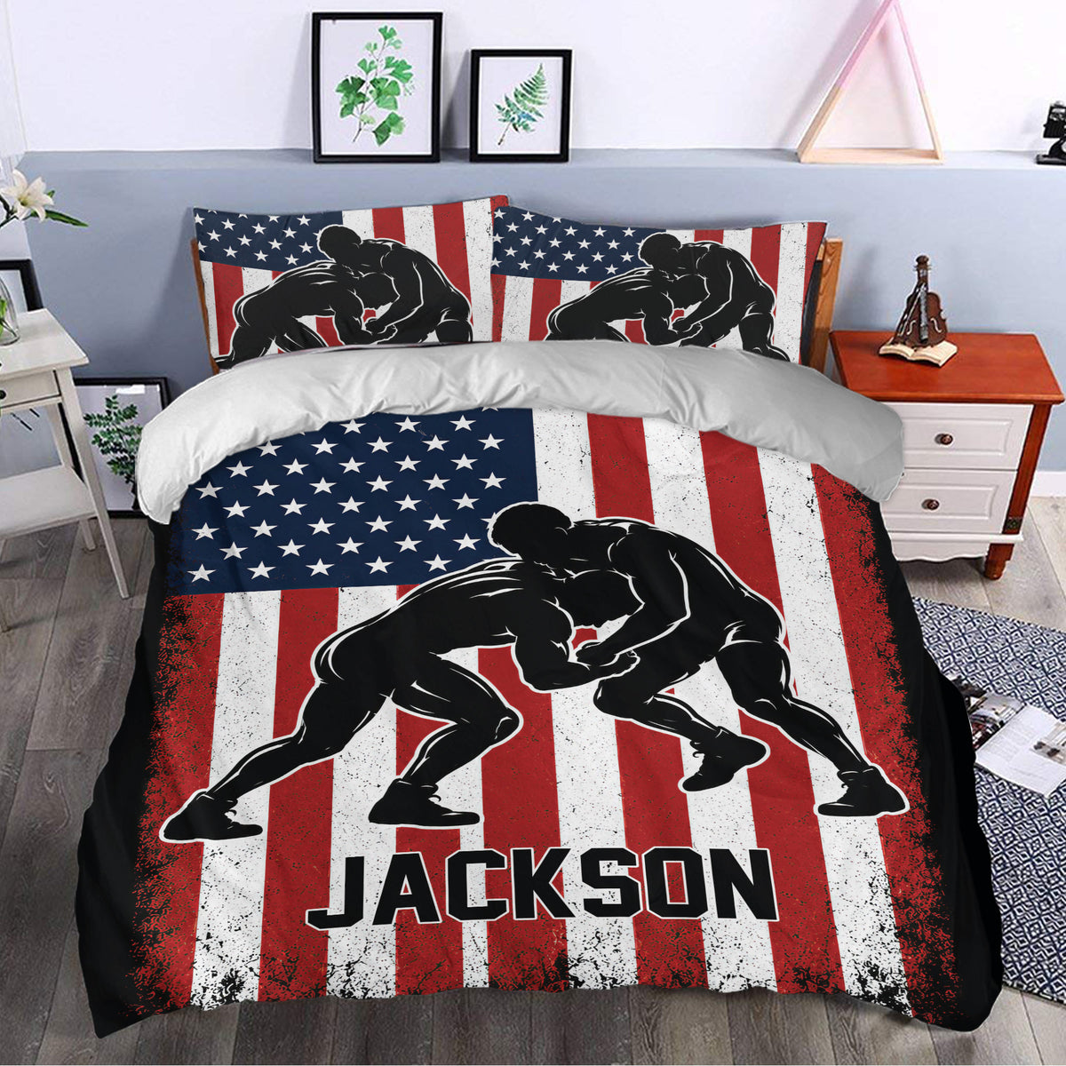 Wrestling duvet cover set styled in a bedroom with bold patriotic stripes and grappling artwork