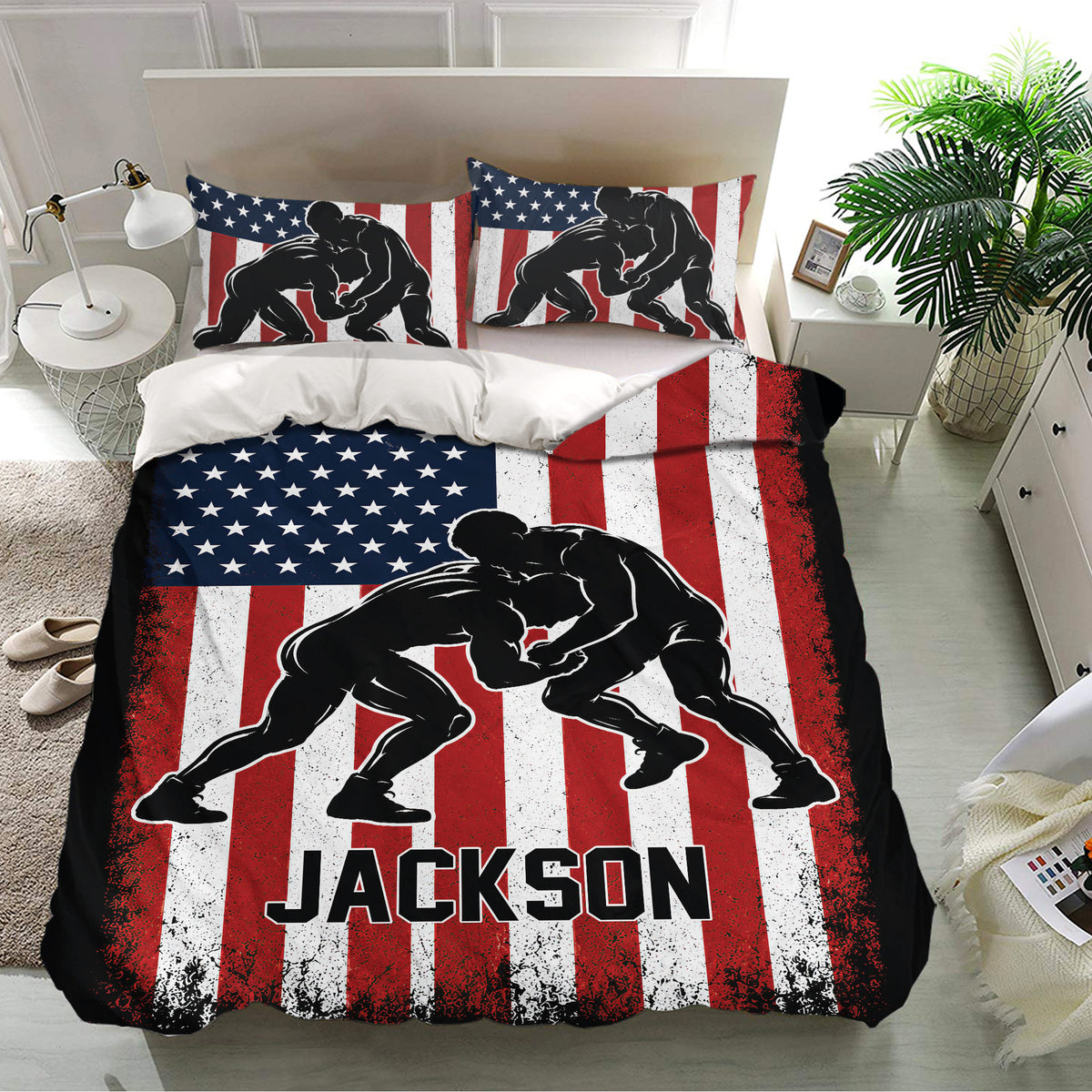 Wrestling bedding set presented in a modern bedroom with red, white, and blue grappling design
