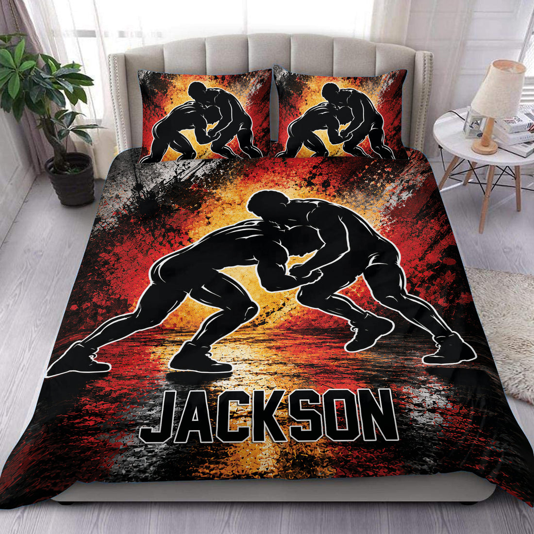 Wrestling duvet cover set displayed on a bed with bold black silhouettes over a red, orange, and black background