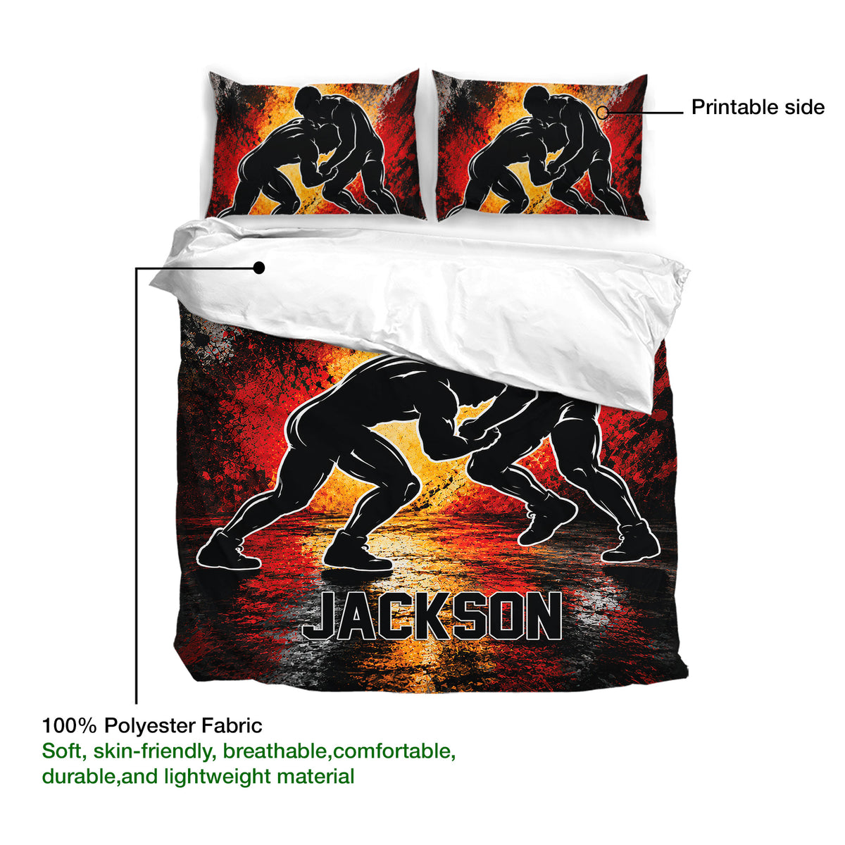 Wrestling duvet cover set showing the printed design side with black grappling silhouettes and fiery abstract colors