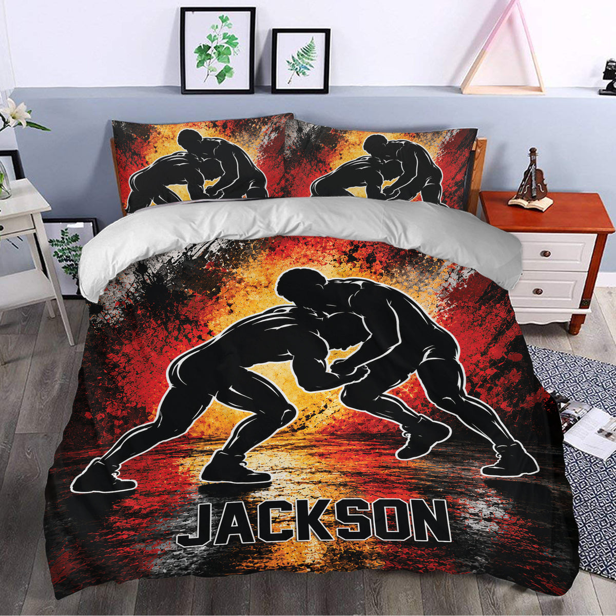 Wrestling duvet cover bedding set styled in a bedroom with dramatic red, orange, black, and white artwork