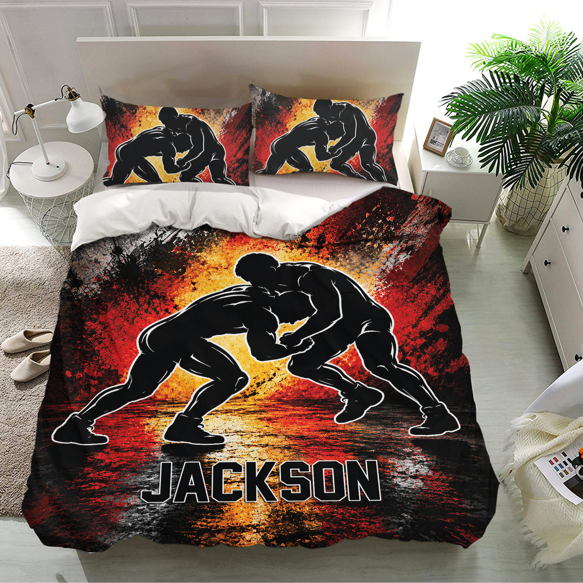 Wrestling bedroom decor featuring a bold grappling silhouette duvet cover and matching pillowcases