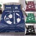Custom soccer duvet cover set in navy with stadium field lines, soccer ball artwork, and matching pillowcases