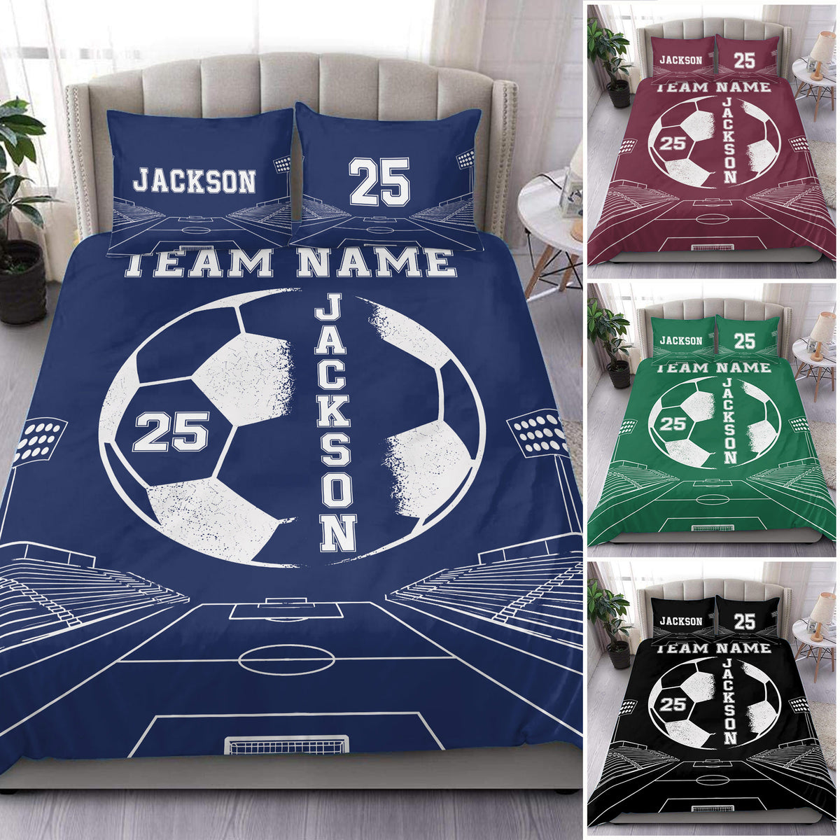 Custom soccer duvet cover set in navy with stadium field lines, soccer ball artwork, and matching pillowcases