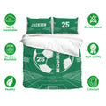 Green soccer duvet cover bedding set displayed with matching pillowcases and soft breathable fabric icons