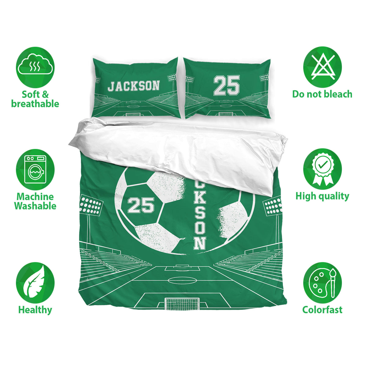 Green soccer duvet cover bedding set displayed with matching pillowcases and soft breathable fabric icons