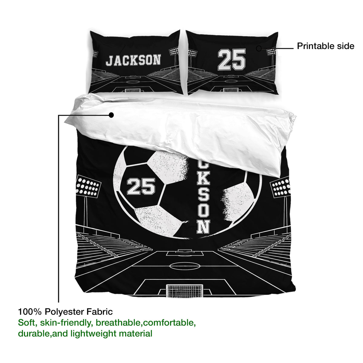 Black soccer bedding set showing the printed side, stadium field design, and lightweight polyester fabric
